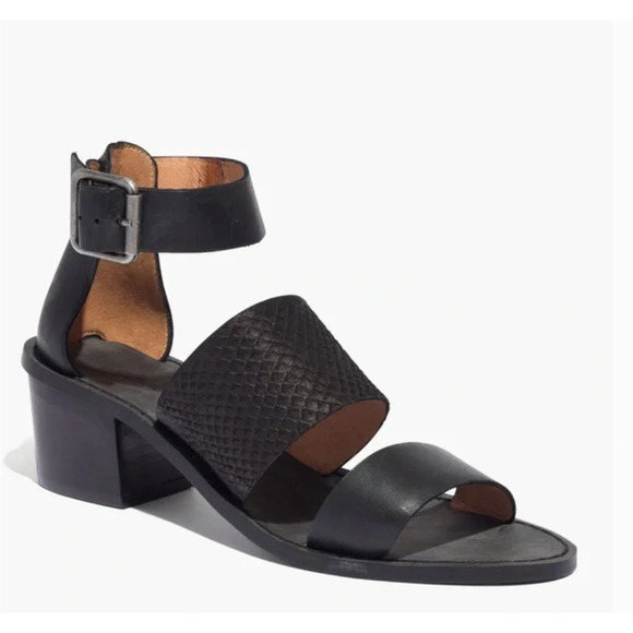 Madewell Shoes - Madewell The Warren Sandals Size 8.5 Black Embossed Leather Heeled Ankle Strap
